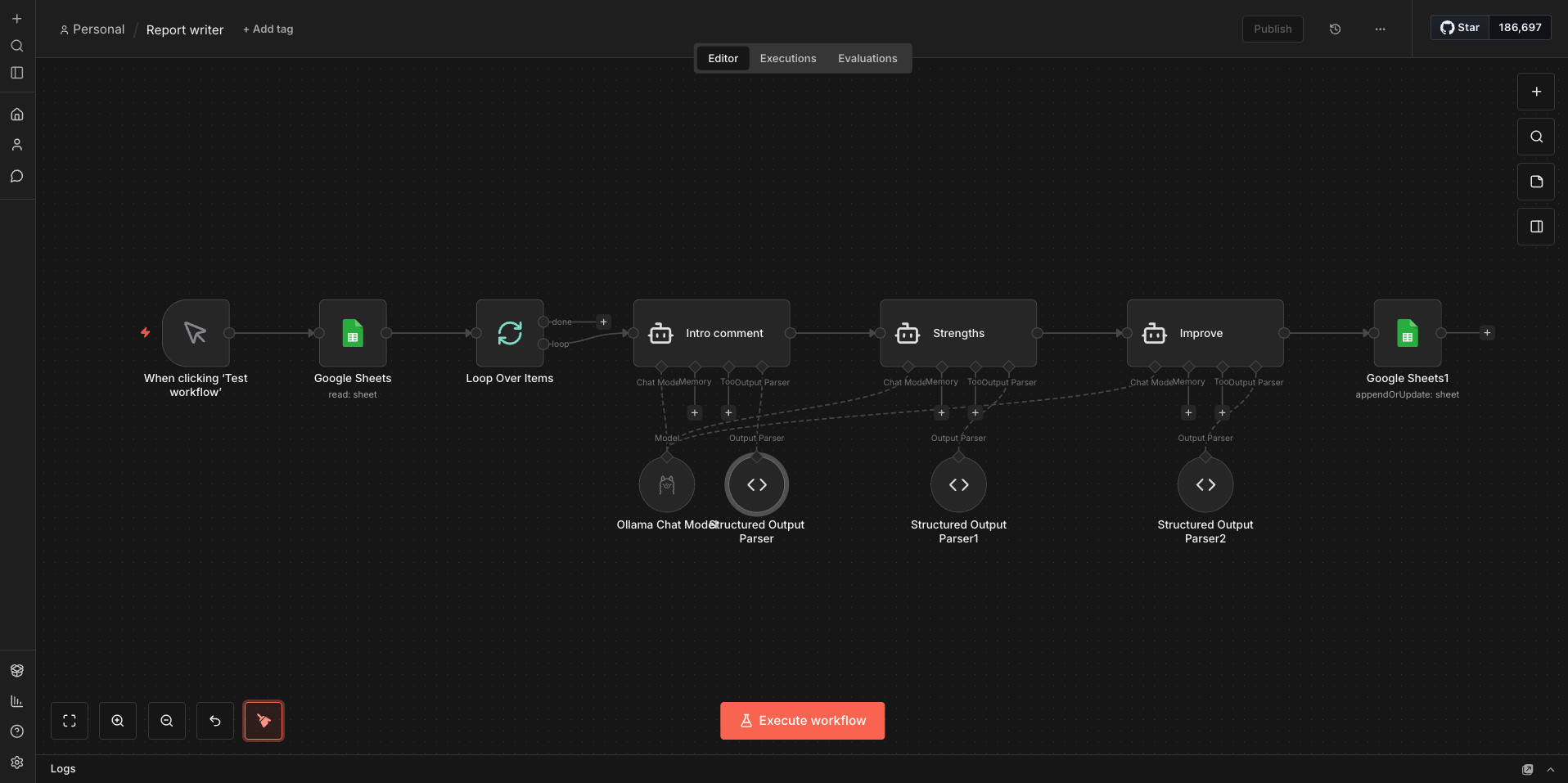 Report writer n8n workflow using Ollama local AI model showing Google Sheets to loop to Intro Strengths Improve nodes