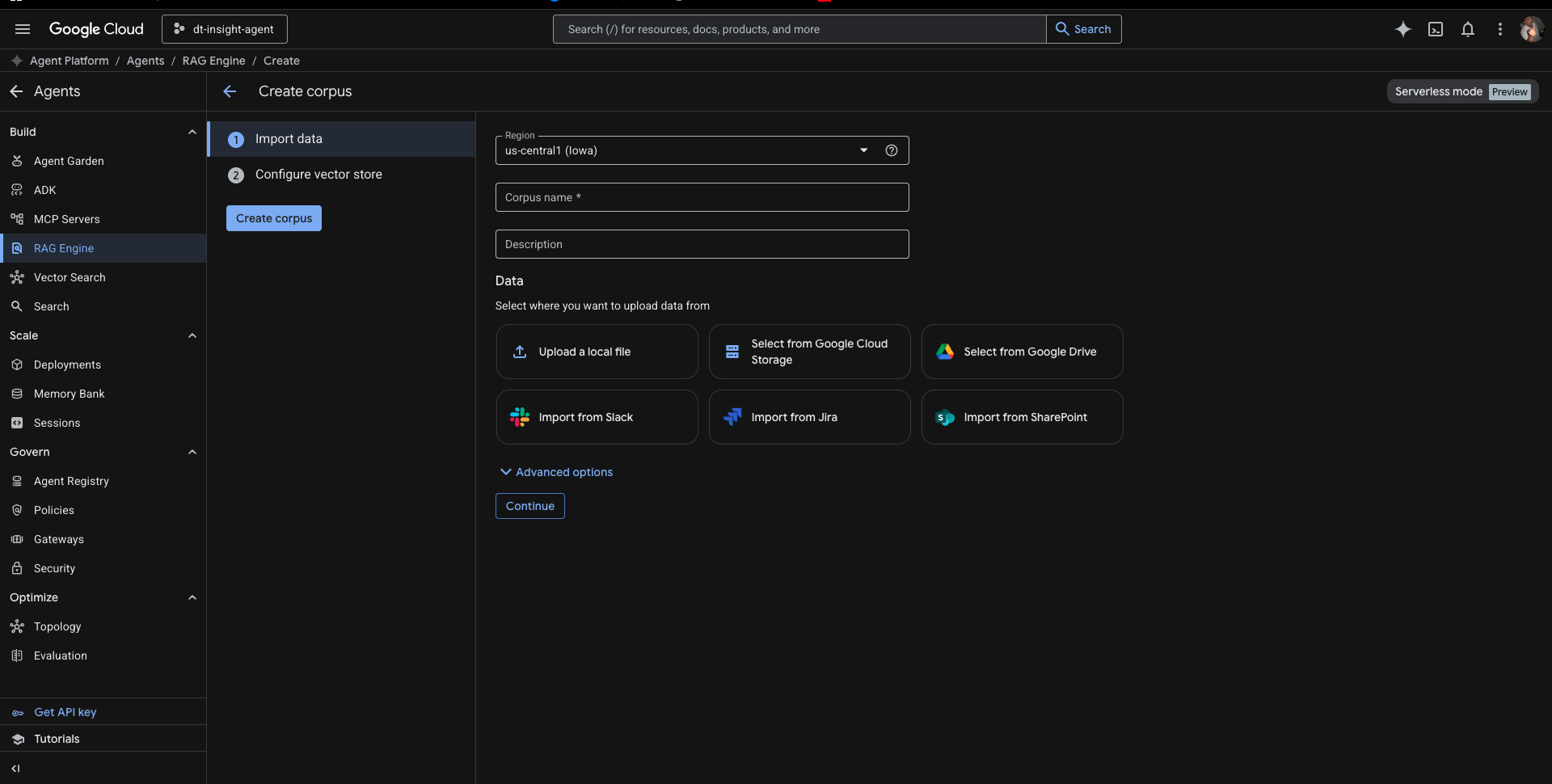 Terminal — Serverless mode RAG corpus setup