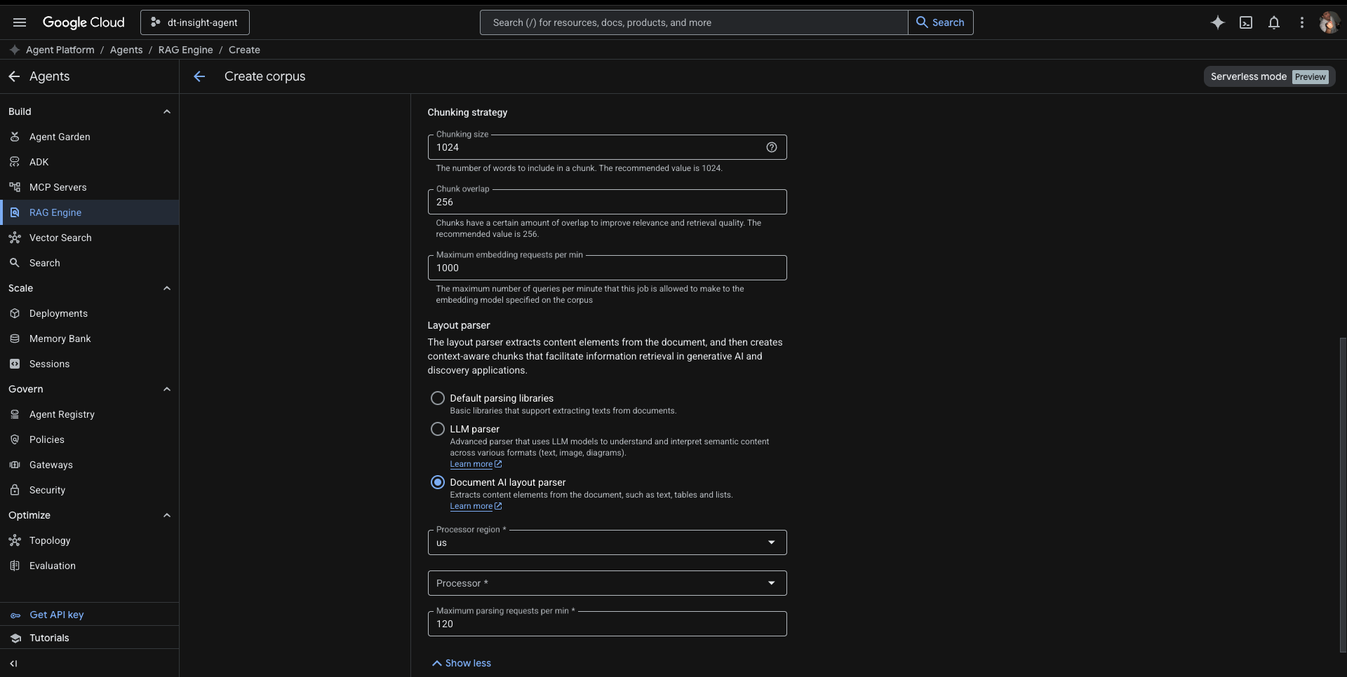 RAG Chunking Strategy — Document AI Layout Parser selected