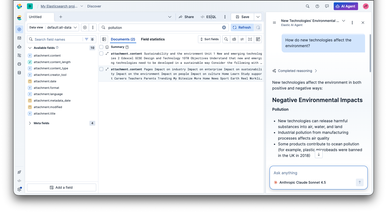 Elastic AI Assistant showing microbeads semantic search result with reasoning tab