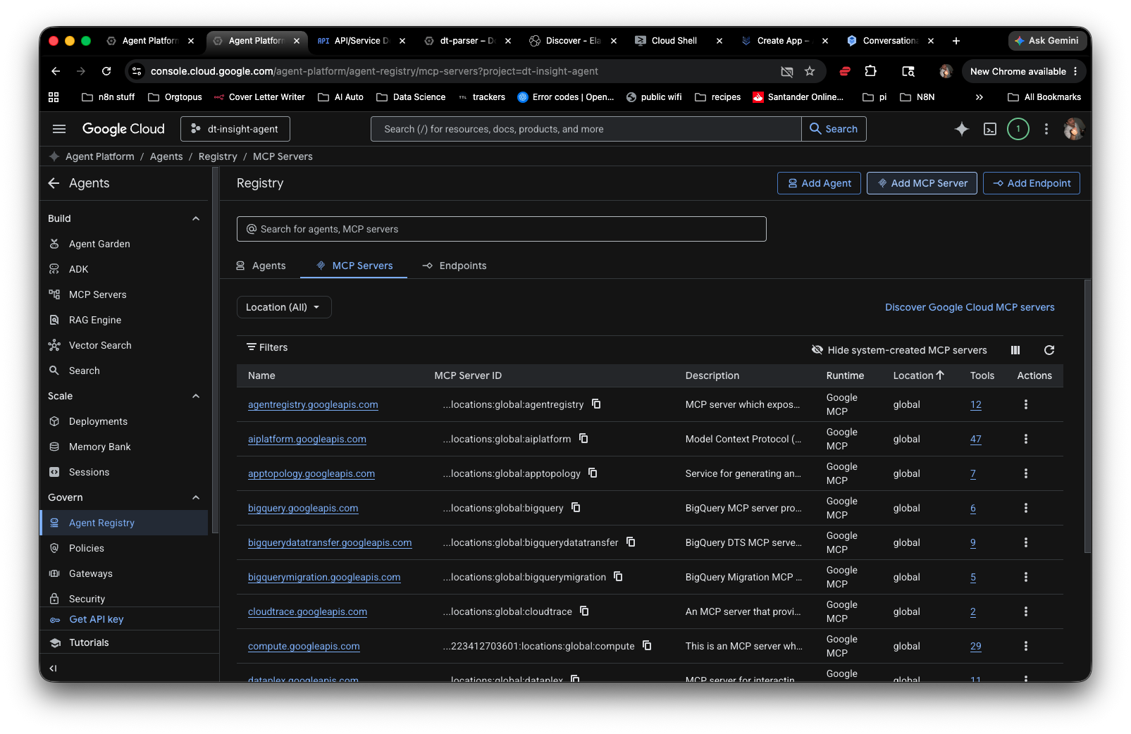 Google Cloud agent platform showing the list of available agent types