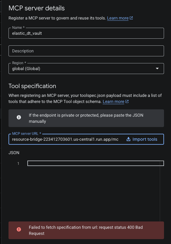 MCP server configuration panel showing a 400 Bad Request error response