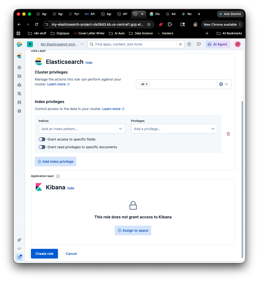 Elasticsearch cluster privileges configuration screen