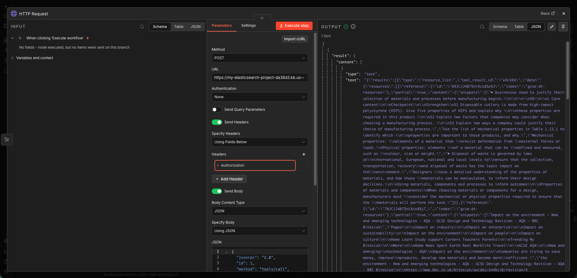 n8n workflow showing successful HTTP request to Elastic MCP endpoint